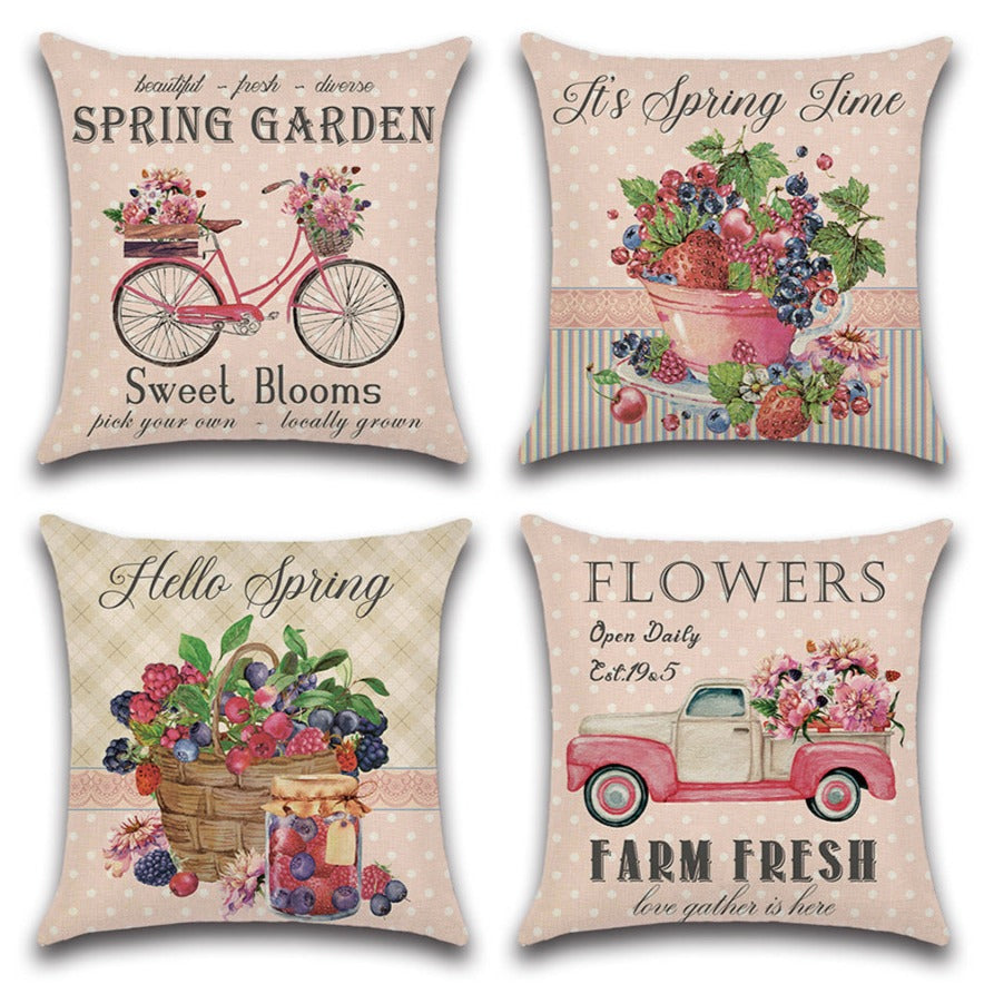 Farm Fresh Pink Spring Fruits Flowers Throw Pillow Cover Set of 4