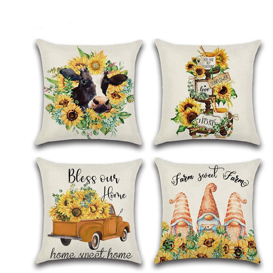 Farmhouse Sunflower Throw Pillow Cover Set Farm Cow Animal Truck And Gnomes