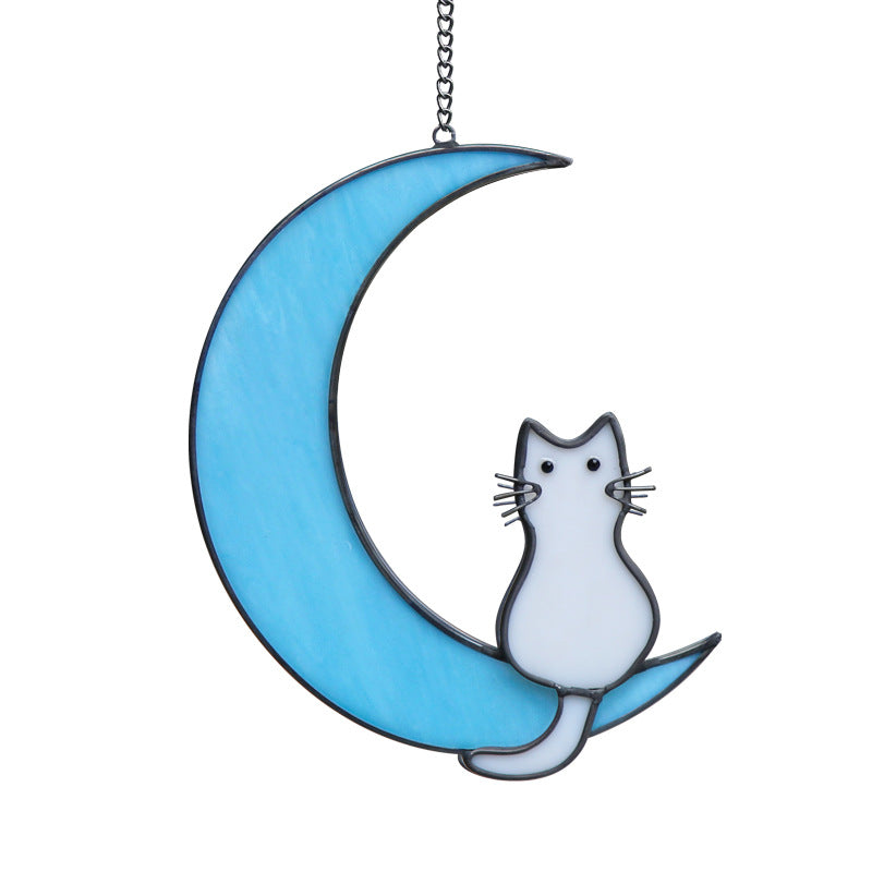 Cat Sit on Moon Stained Glass Suncatcher Window Hanging