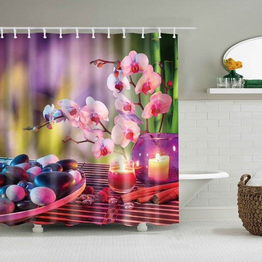 Orchid Flowers Candle Zen Stone Feng Shui Shower Curtain