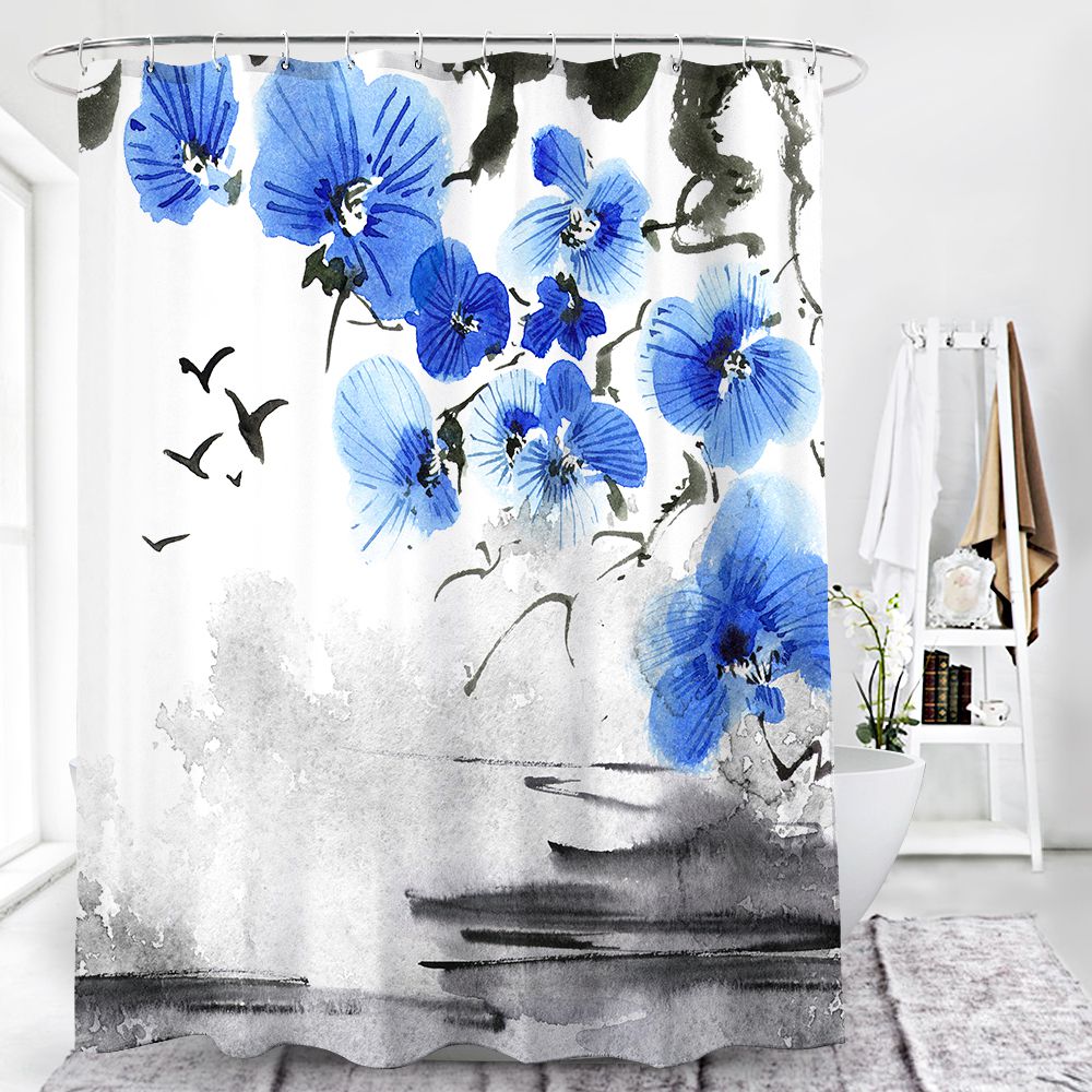 Oriental Blue Blossom Sakura Tree Black Lake Shower Curtain