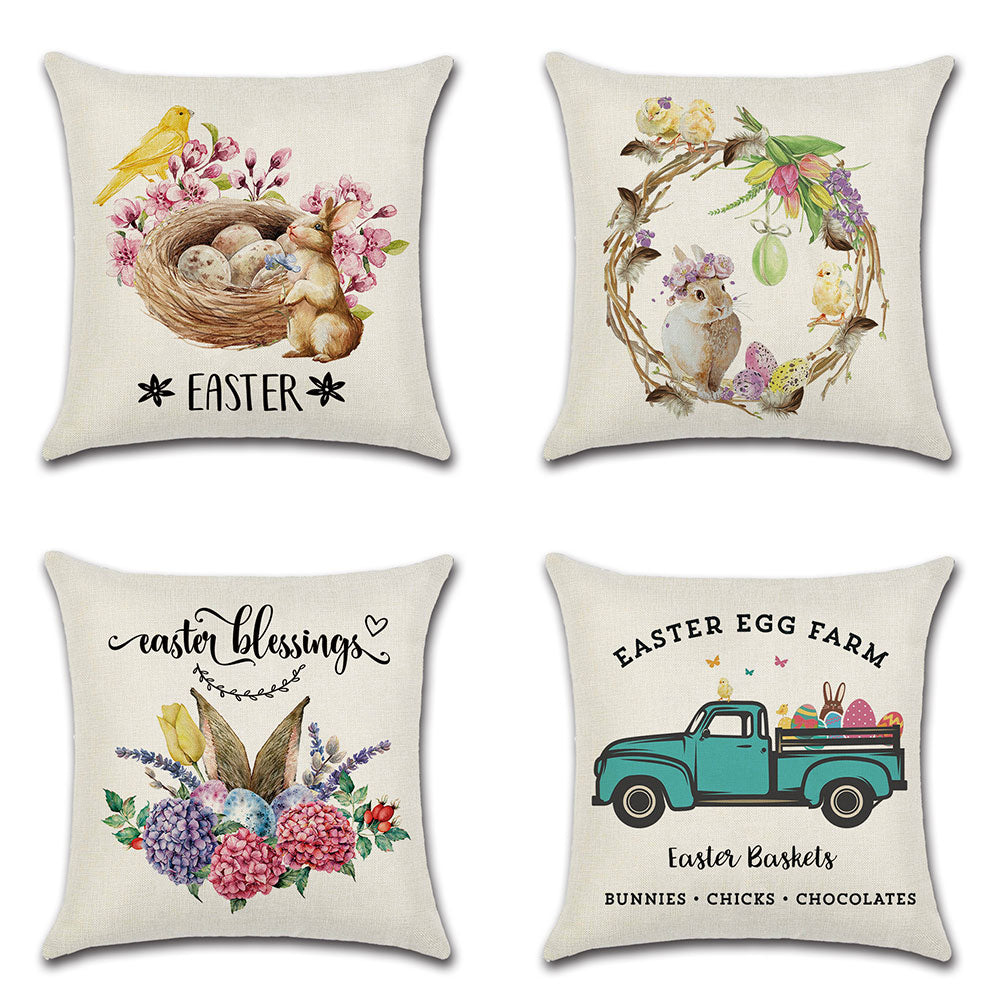 Easter Holiday Cotton Linen Rabbit and Eggs Throw Pillow Cover Set