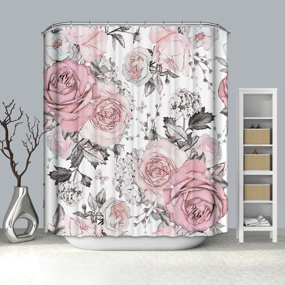 Pastel Watercolor Pink Roses Floral Leaves Shower Curtain