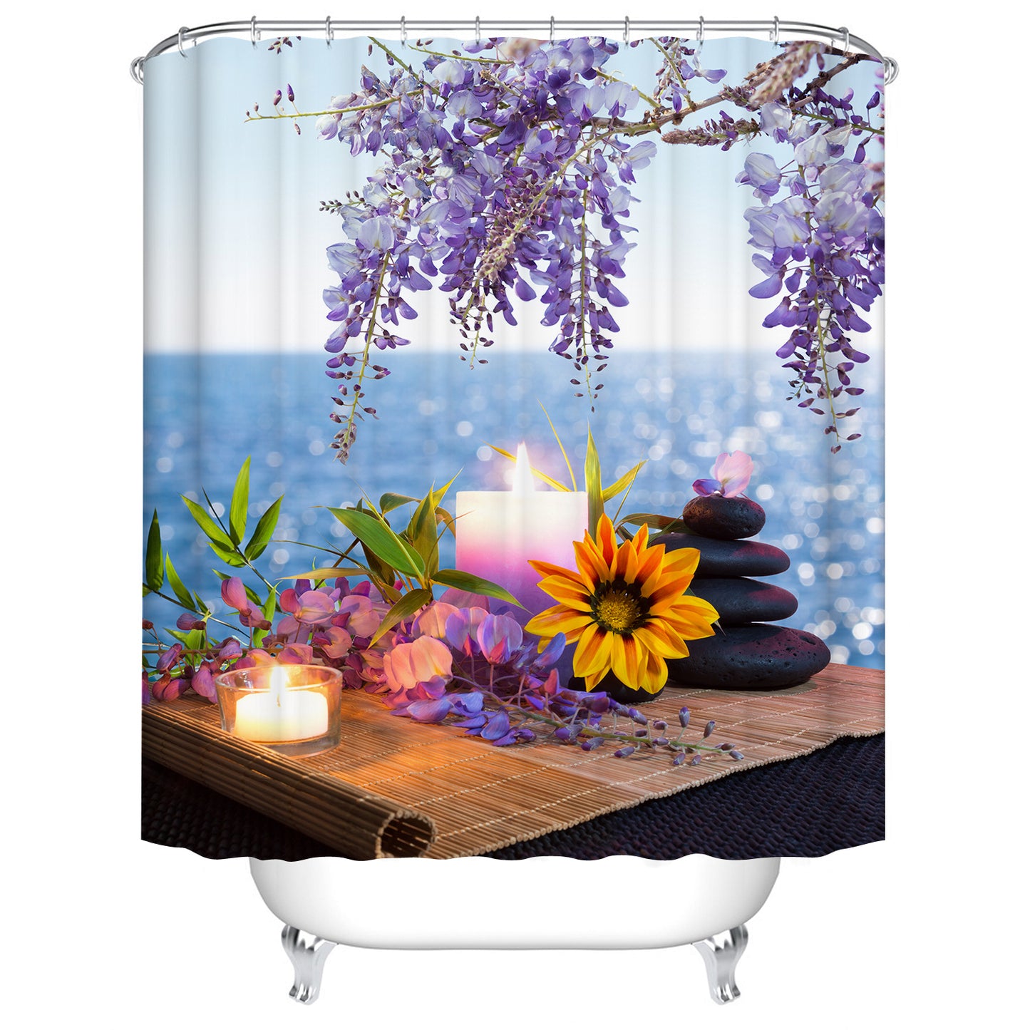 Peaceful Zen Stone with Lilac Flowers Candle Spa Themed Shower Curtain