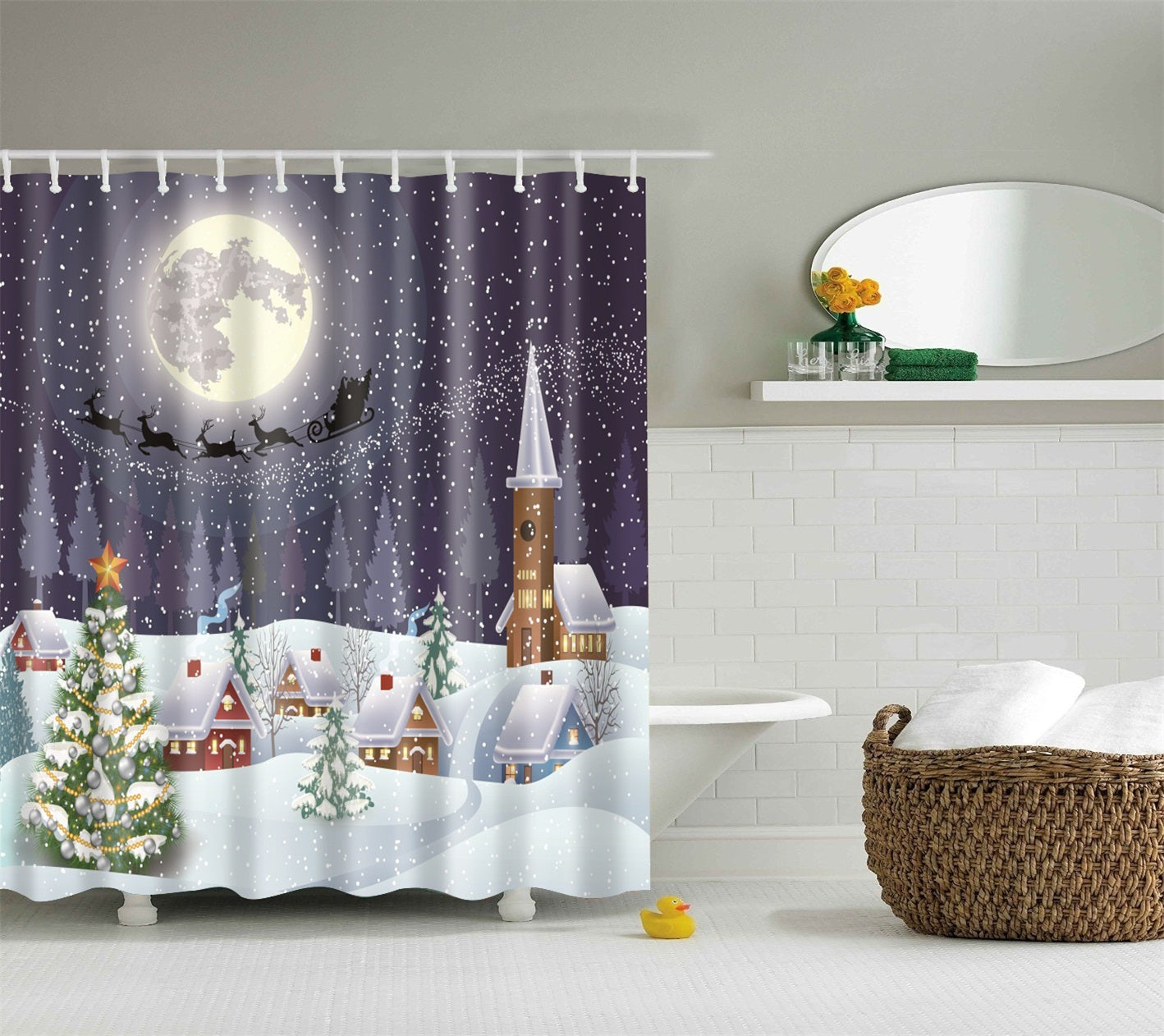 Peaceful Country Santa Riding Sleigh Shower Curtain