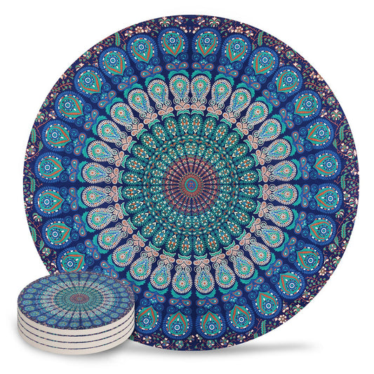Peacock Feathers Boho Mandala Ceramic Stone Coasters Set