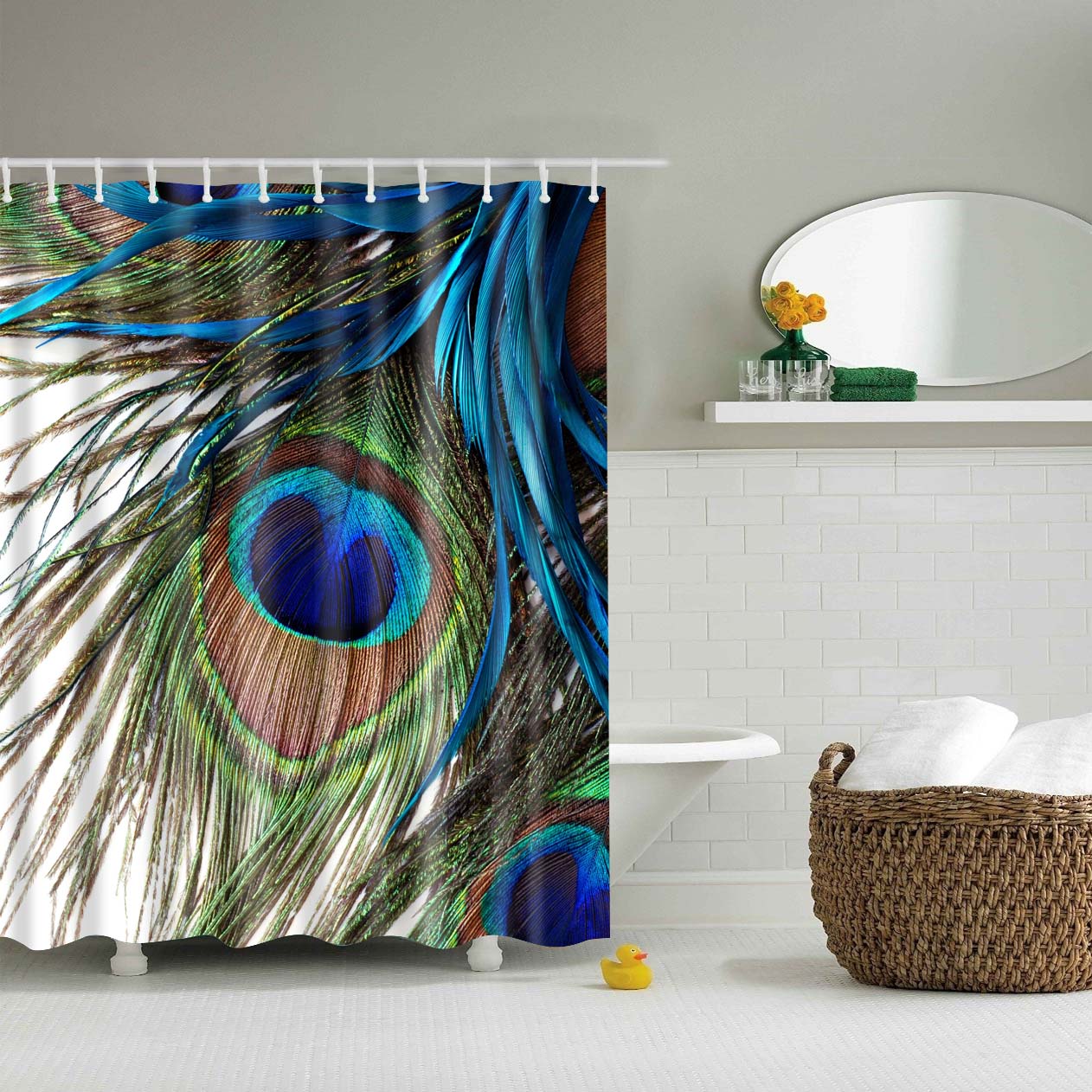 Peacock Feather Blue Shower Curtain Bath Decor | GoJeek