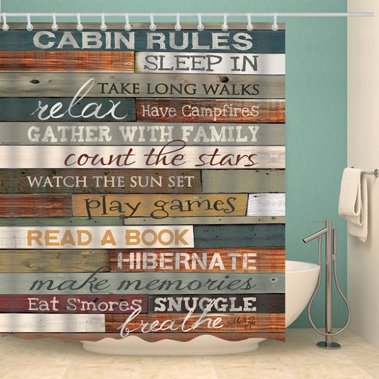 Penny Lane Cabin Rules Poster Wood Door Print Shower Curtain