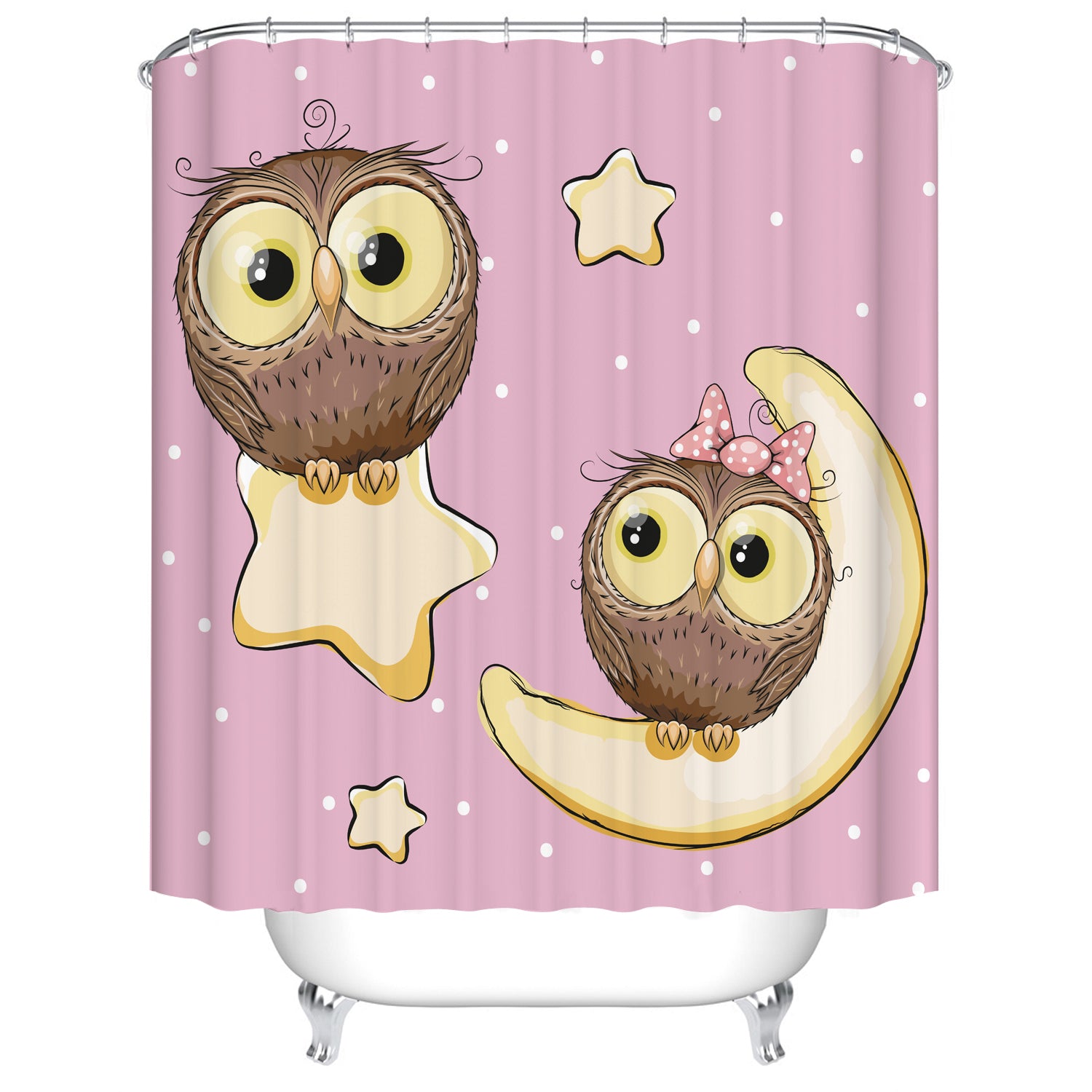 Pink Backdrop Cartoon Cute Star and Moon Night with Kids Owl Shower Curtain