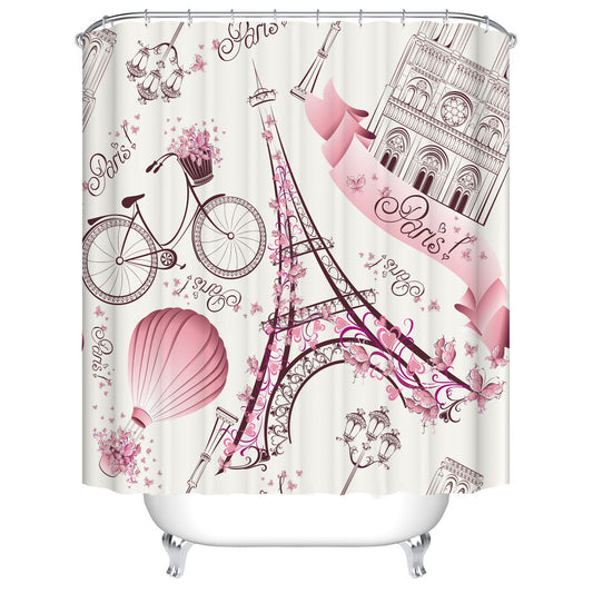 Pink Black Girly Travel Themed Eiffel Tower Bike Hot Air Balloon Louvre Museum Paris Shower Curtain