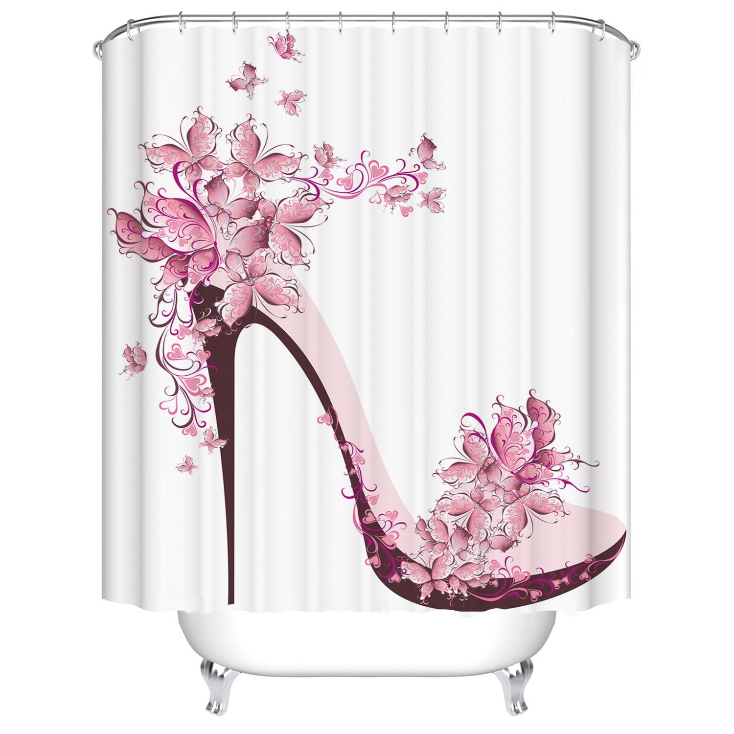 Pink High Heel Shoe Shower Curtain Butterfly with Floral