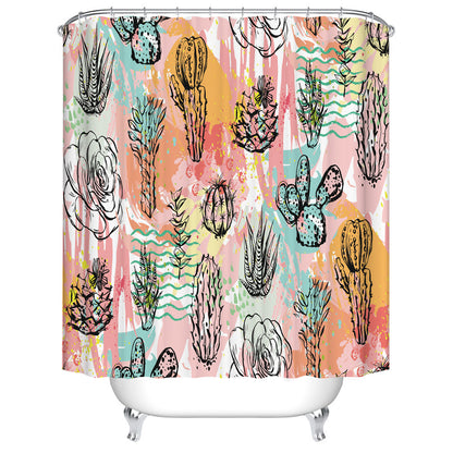 Pink Watercolor Black Drawing Desert Succulent Tropical Cactus Shower Curtain