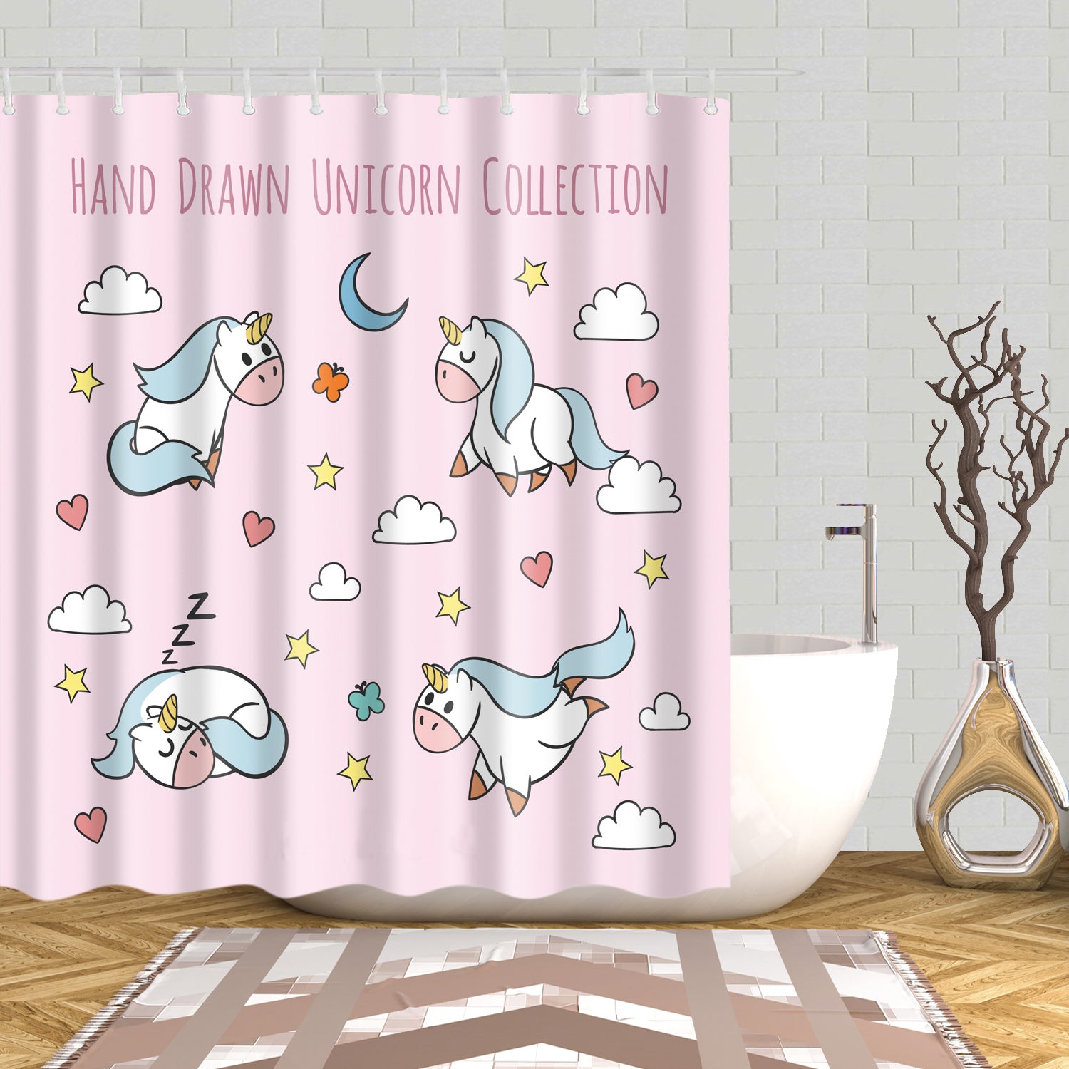Pink Backdrop Cute Cartoon Hand Drawing Unicorn Shower Curtain