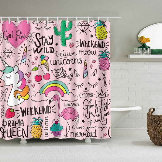 Pink Seamless Cute Drawing Quotes Girls Shower Curtain