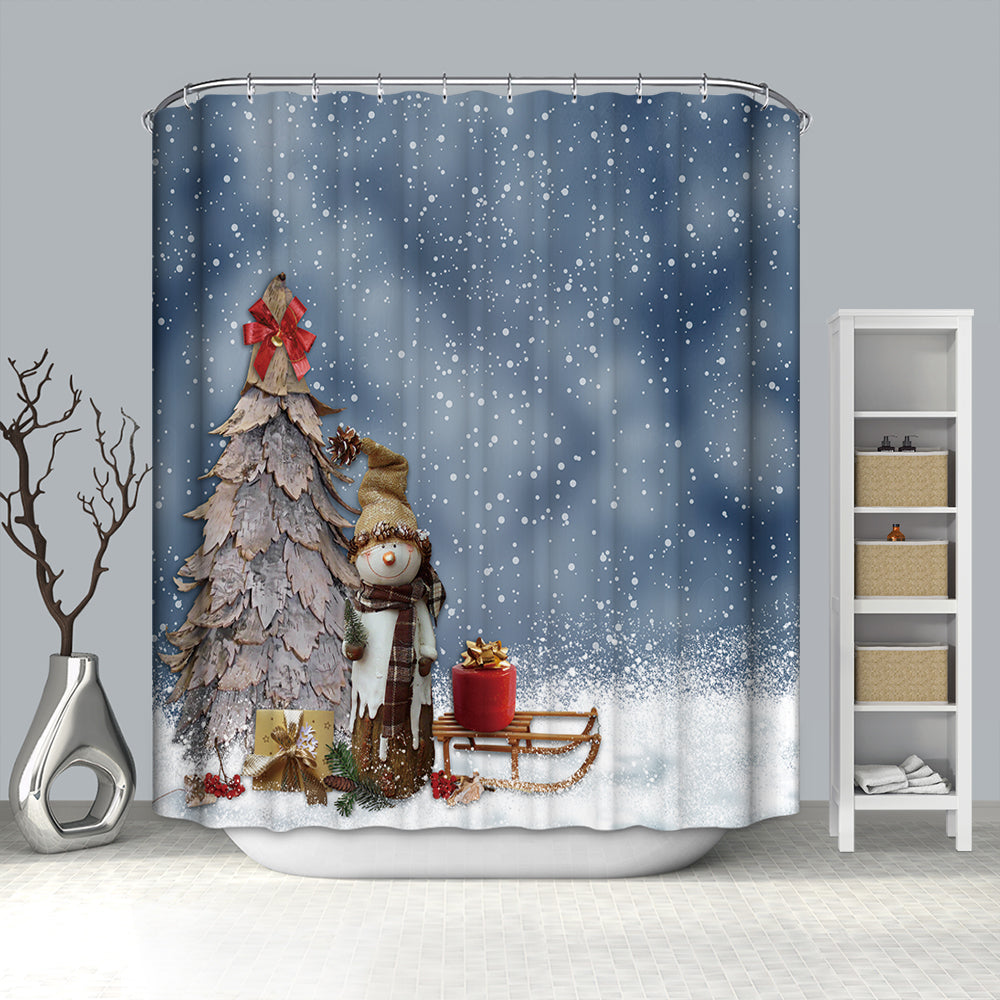 Primitive Snowman with Christmas Tree Shower Curtain