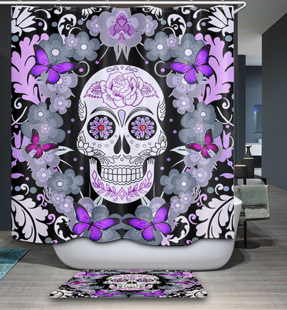 Purple Sugar Skull with Butterfly Shower Curtain
