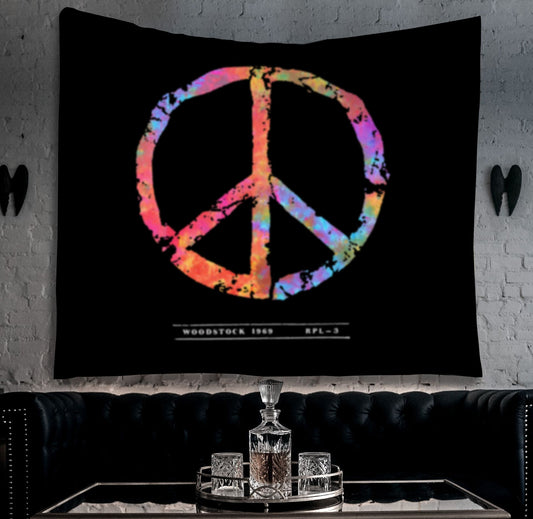 Rainbow Color Peace Sign Tapestry Black Backdrop