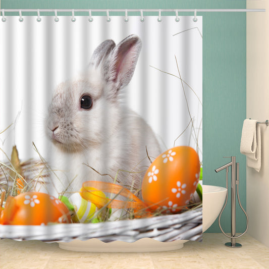 Realistic Cute Rabbit with Easter Eggs in Basket Shower Curtain