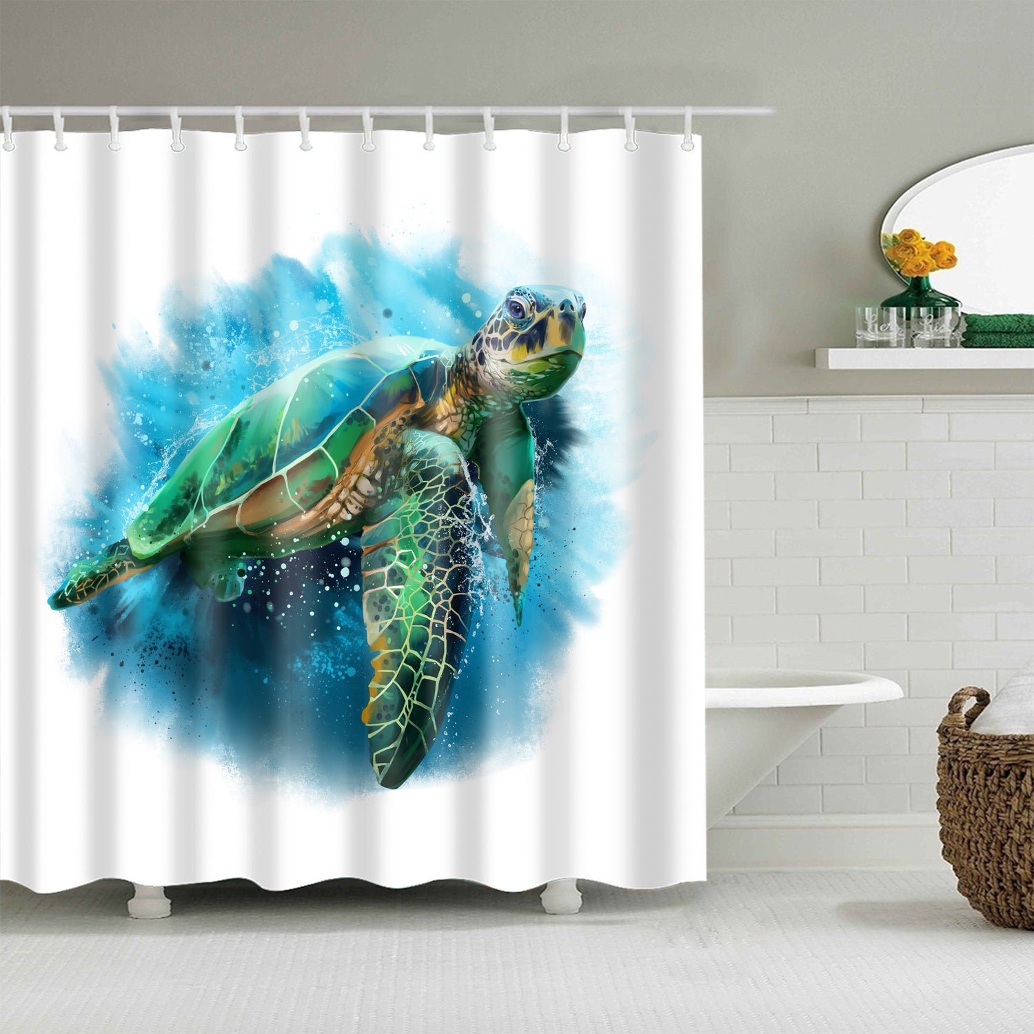 Reallife Coral Watercolor Sea Turtle Shower Curtain
