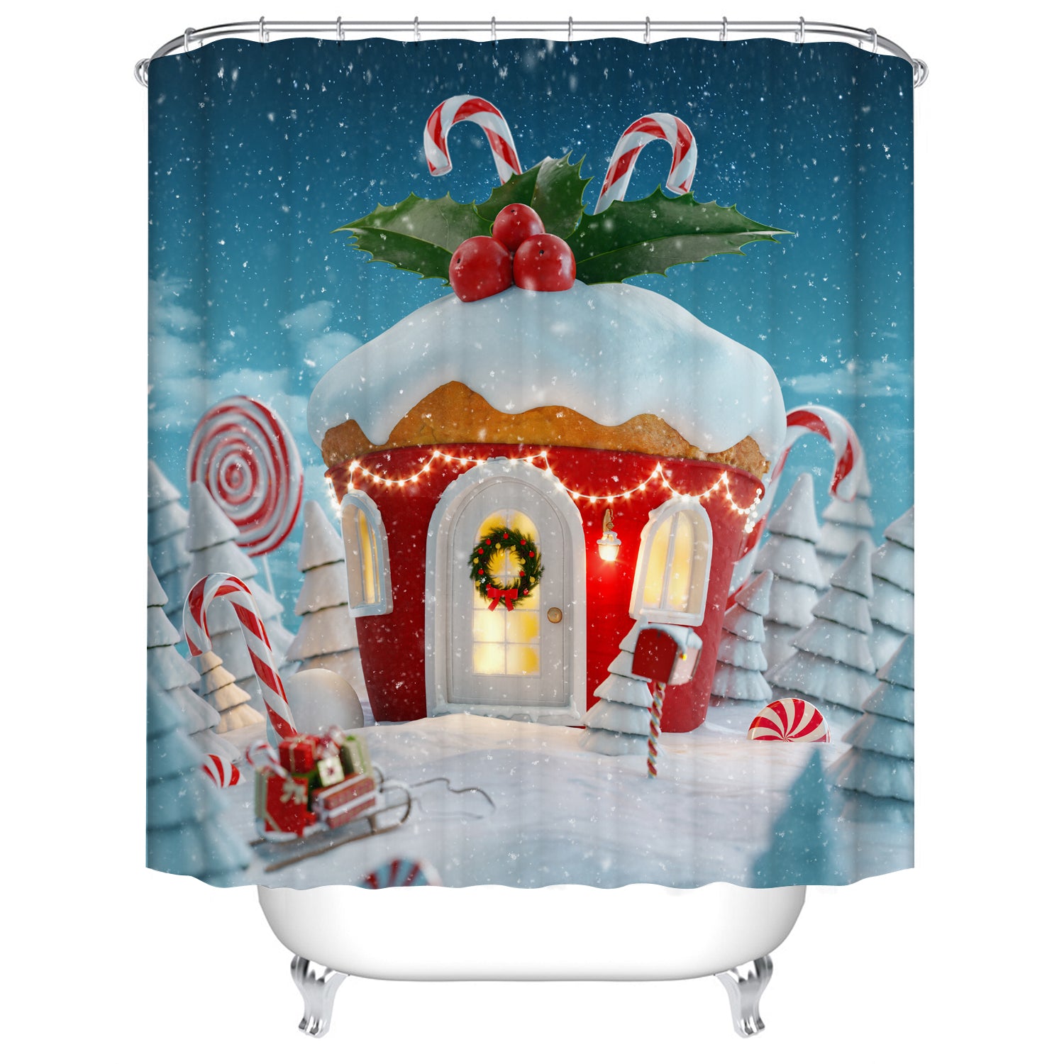 Red House Shaped Candy Canes on Top Christmas Decorated Muffin Shower Curtain