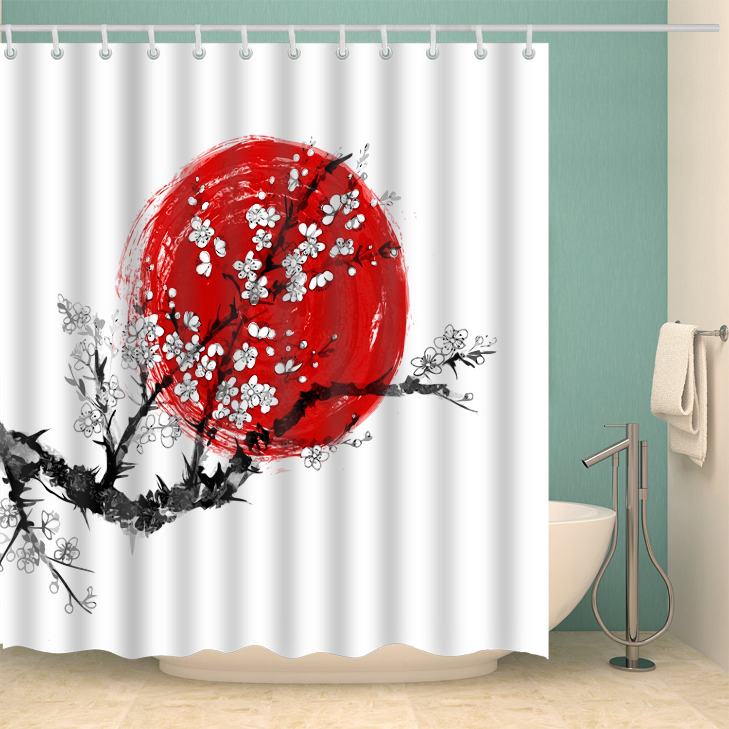 Red Sun with White Plum Bloosoms Flower Shower Curtain