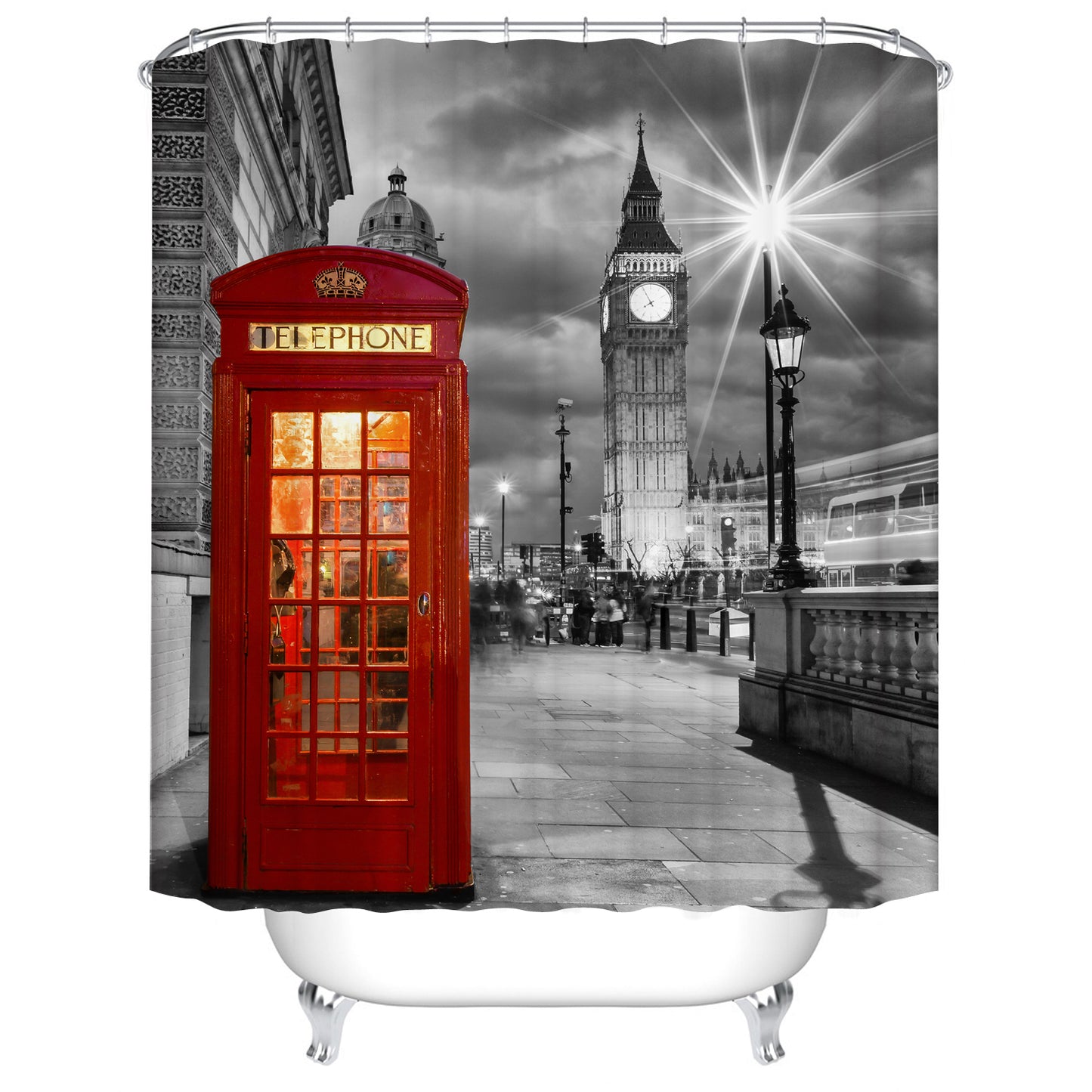 Red Telephone Booth Grey Retro Big Ben England Travel Bathroom Decor London Shower Curtain
