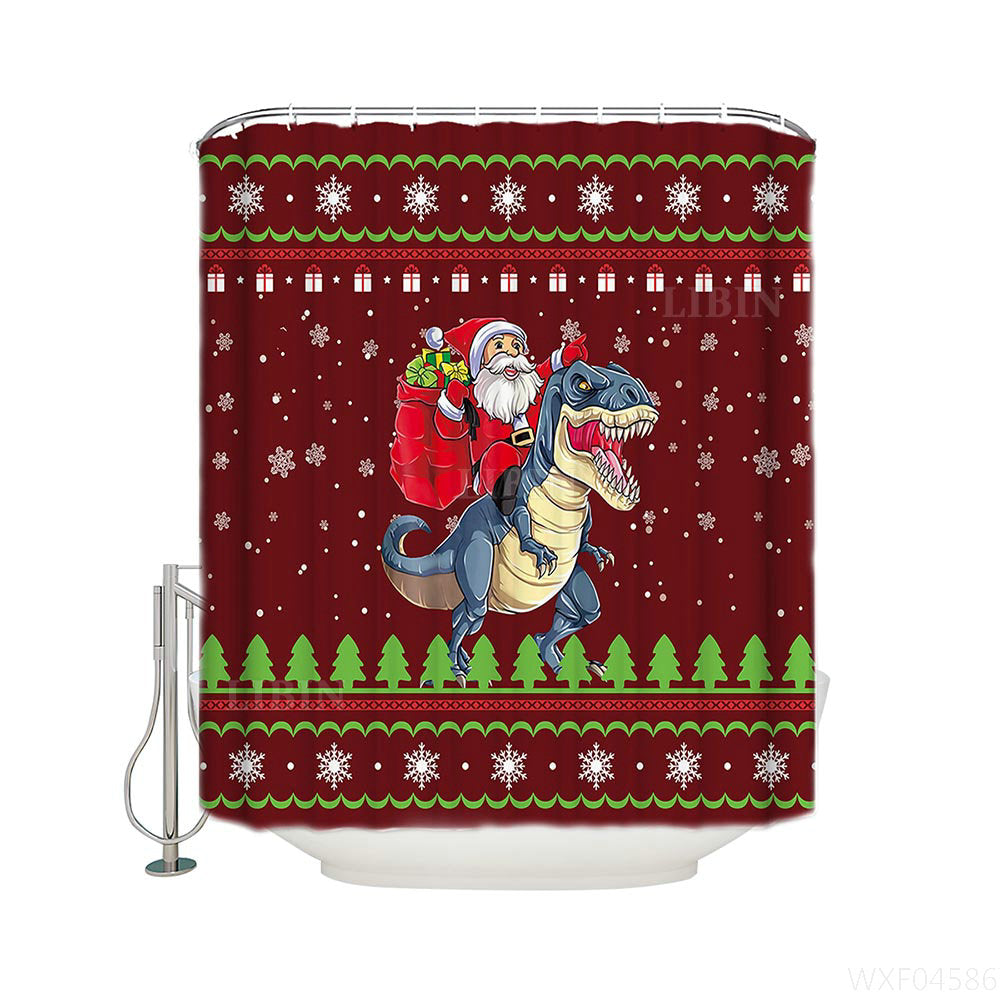 Red Ugly Christmas Design Santa Riding Dinosaur Christmas Dinosaur Shower Curtain