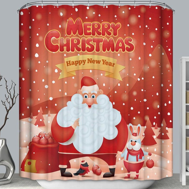 Red Backdrop Snowy Day Santa With Bunny Rabbit Shower Curtain