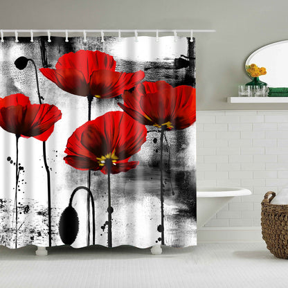 Red Poppies Ink Print Shower Curtain