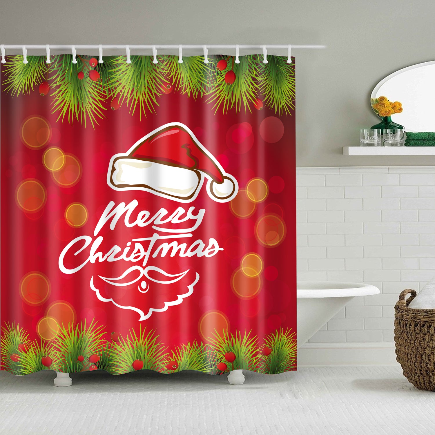 Red and Green Backdrop Christmas Quotes Shower Curtain