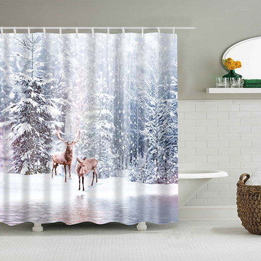 Reindeer with River in Forest Winter Scene Shower Curtain