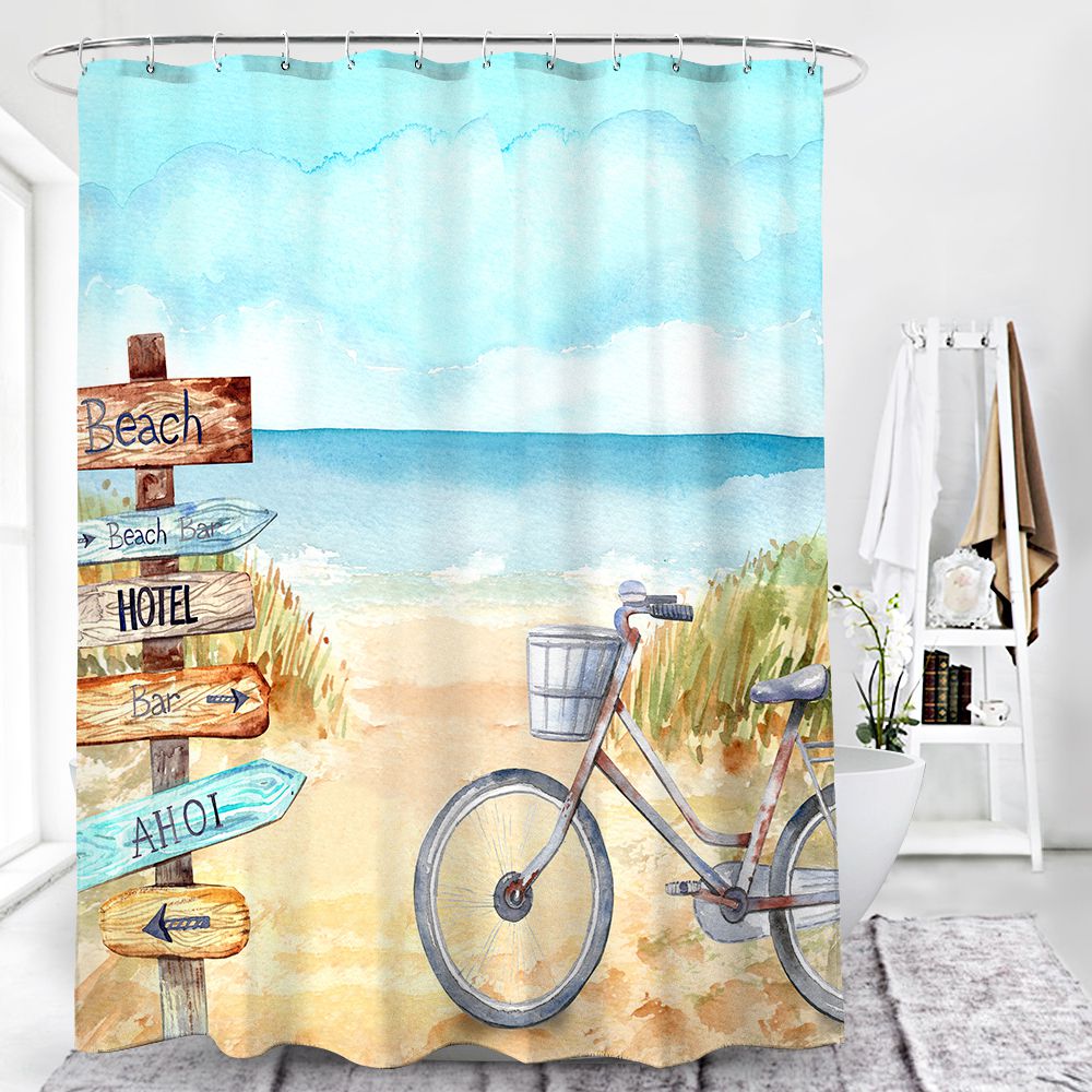 Retro Bicycle on The Beach Signpost Shower Curtain