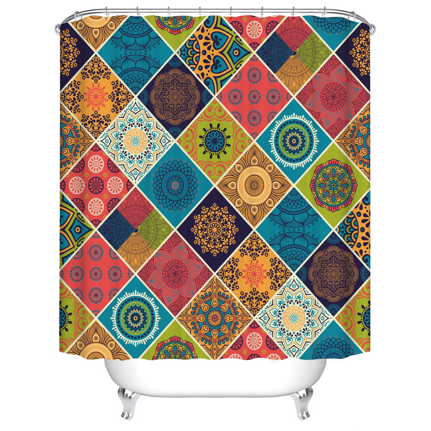 Retro Luxury Seamless Geometric Mandala Flower Azulejo Style Mosaic Shower Curtain