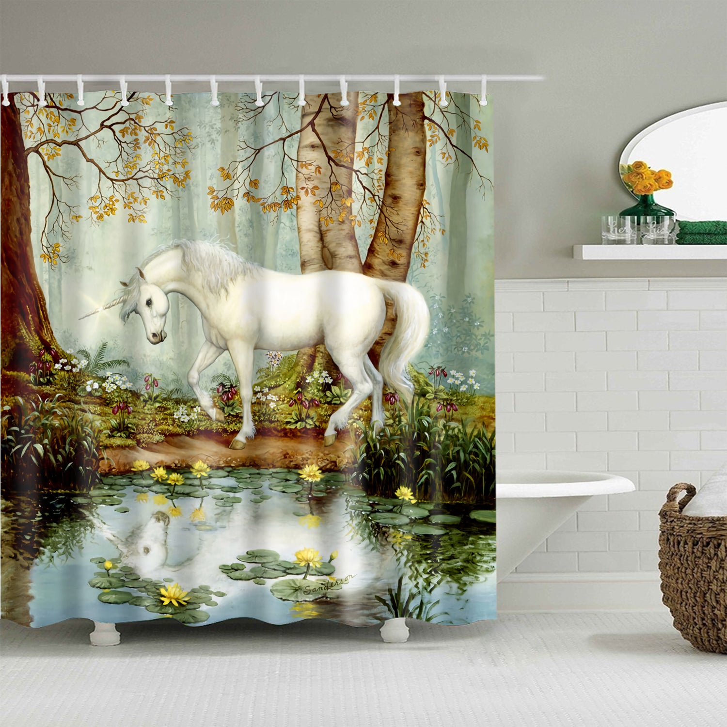 Retro Unicorn Walking Cross River Shower Curtain