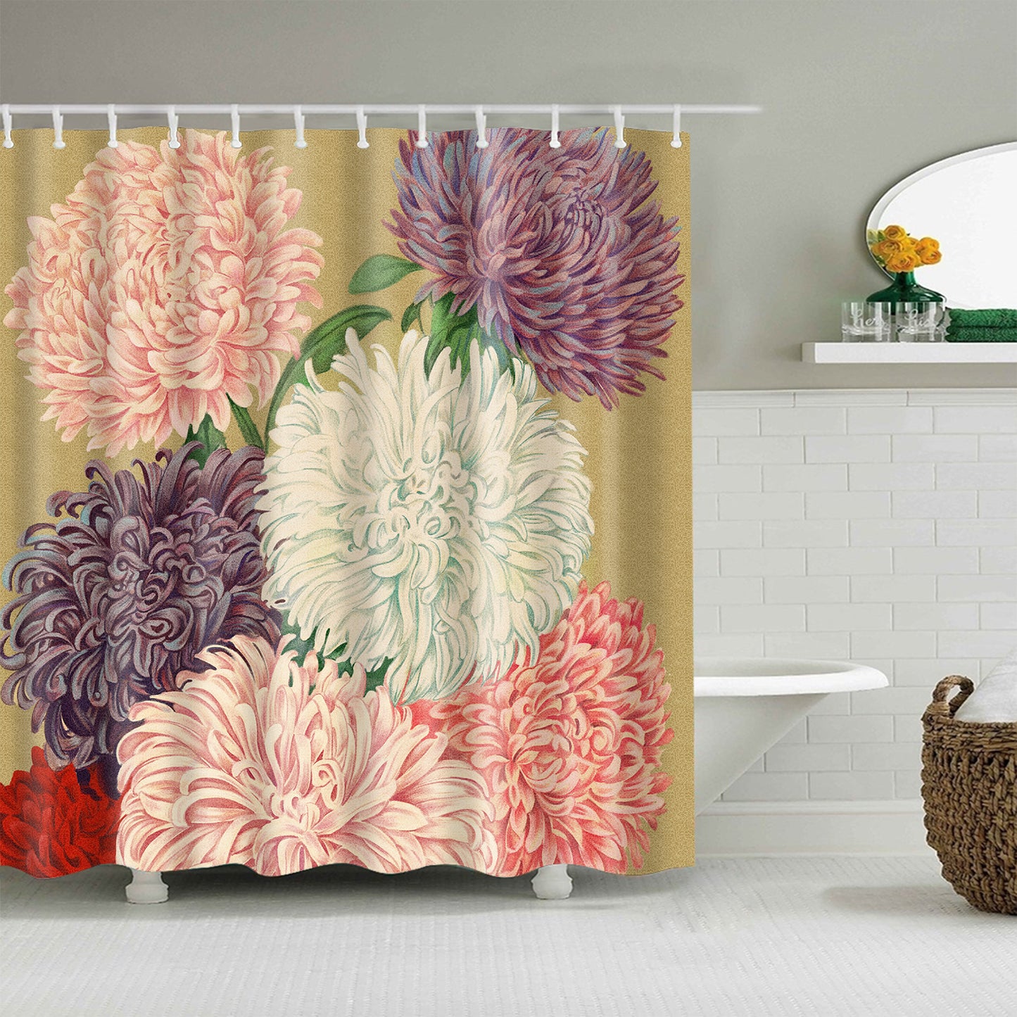 Retro Vintage Colorful Japanese Chrysanthemum Shower Curtain