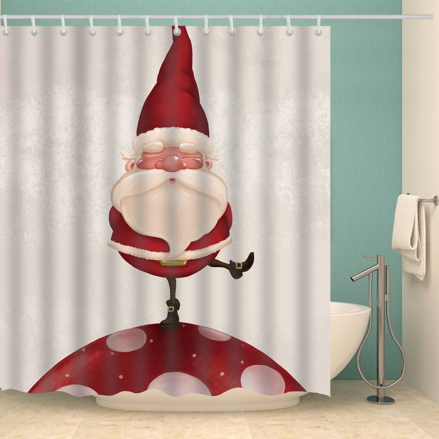 Retro Xmas Gnome on Fungus Santa Shower Curtain