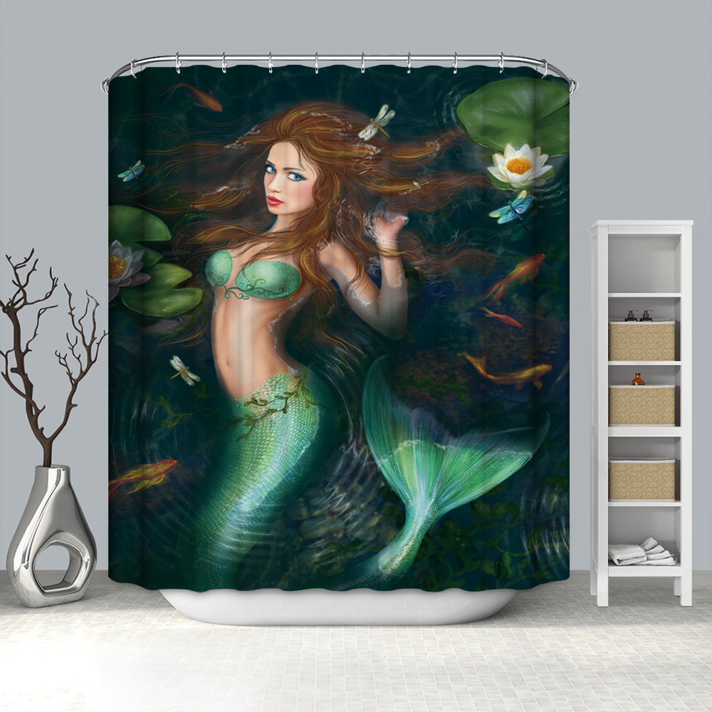 River Lake Lotus with Green Mermaid Shower Curtain