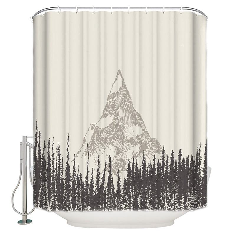 Rustic Grey Drawing Art Forest with Peak Summit Mountain Shower Curtain