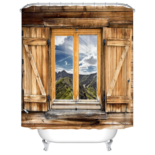 Rustic Wooden Door with Window Scenery Country Western Cabin Shower Curtain