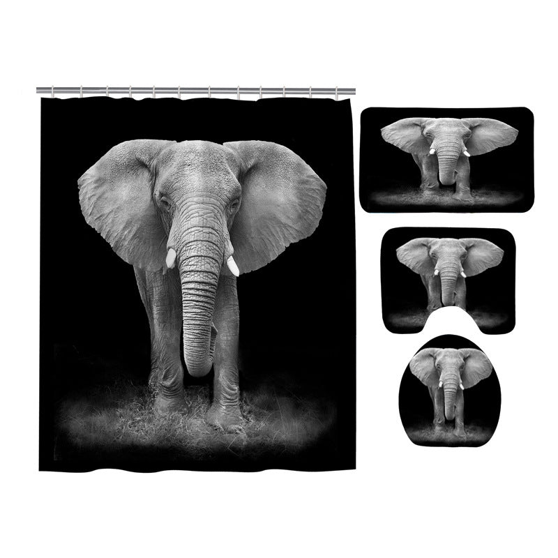 Black White Large Elephant Shower Curtain Set - 4 Pcs