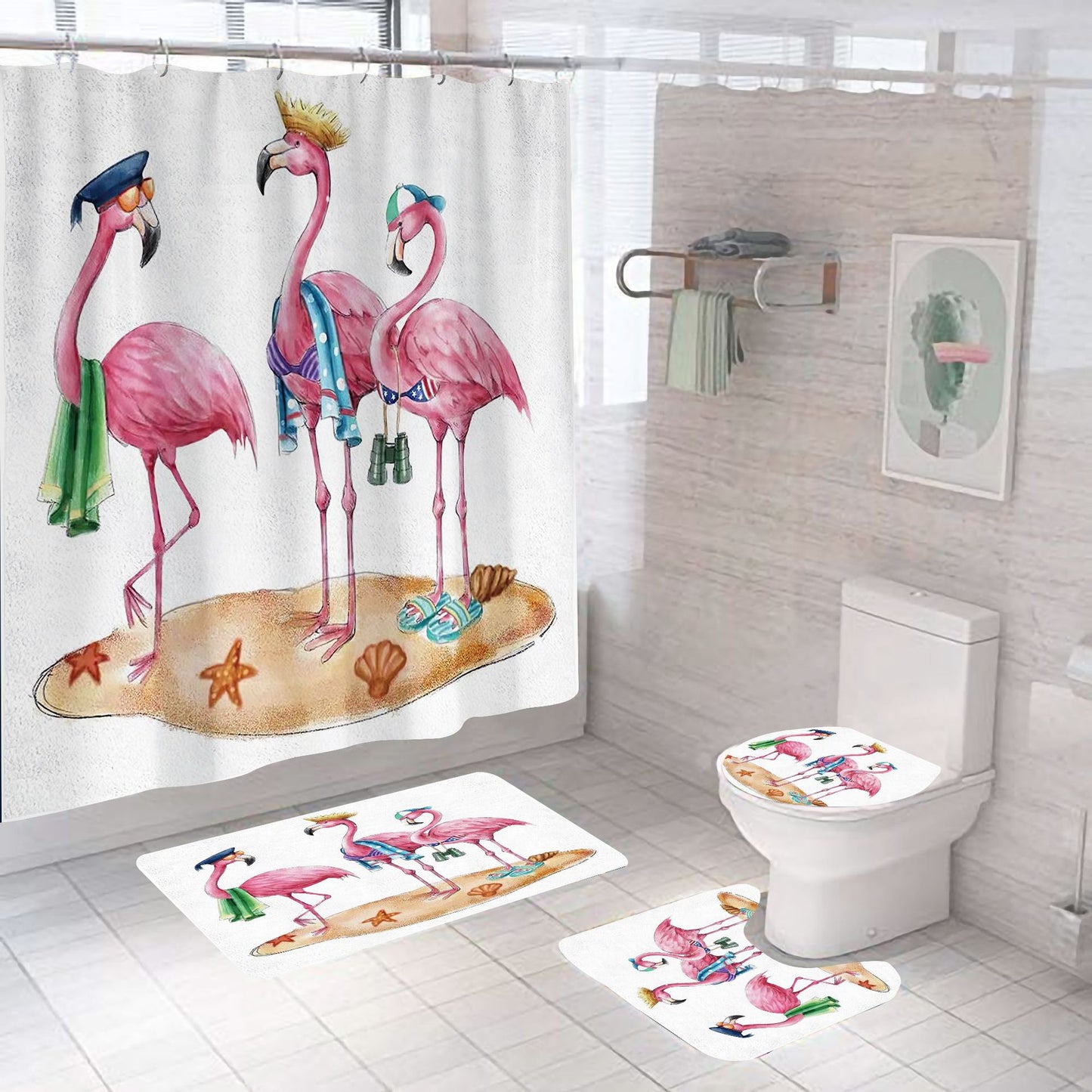 College Vacation Three Brids on Sand Flamingo Shower Curtain Set - 4 Pcs