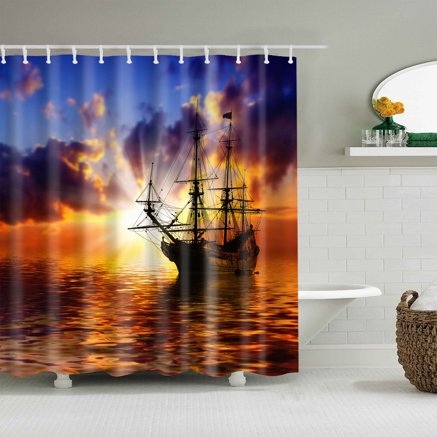 Sailboat Against Sunset Red Landscape Beautiful Scene Shower Curtain