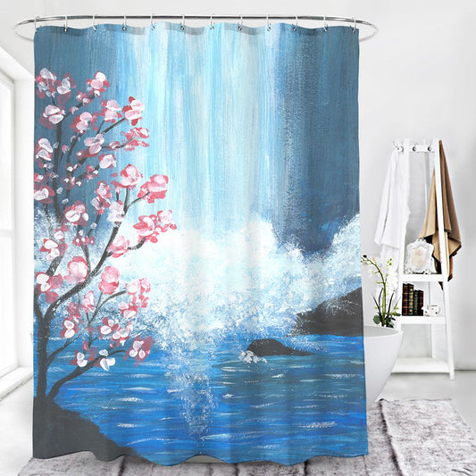 Sakura Blossoms Mountain Waterfall Shower Curtain