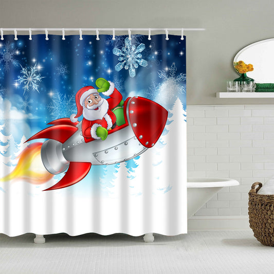 Santa Claus Cartoon Space Rocket Sleigh Winter Wonderland Shower Curtain