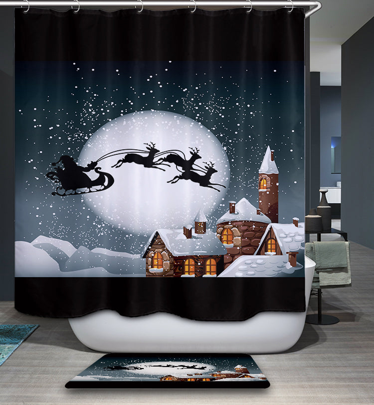 Santa Reindeer Riding Sleigh at Moon Night Shower Curtain
