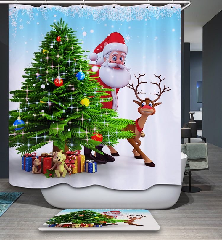 Santa With Reindeer Hide Behind the Christmas Tree Shower Curtain