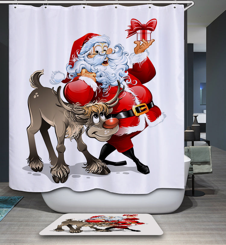 Santa With Reindeer Showing the Present Shower Curtain