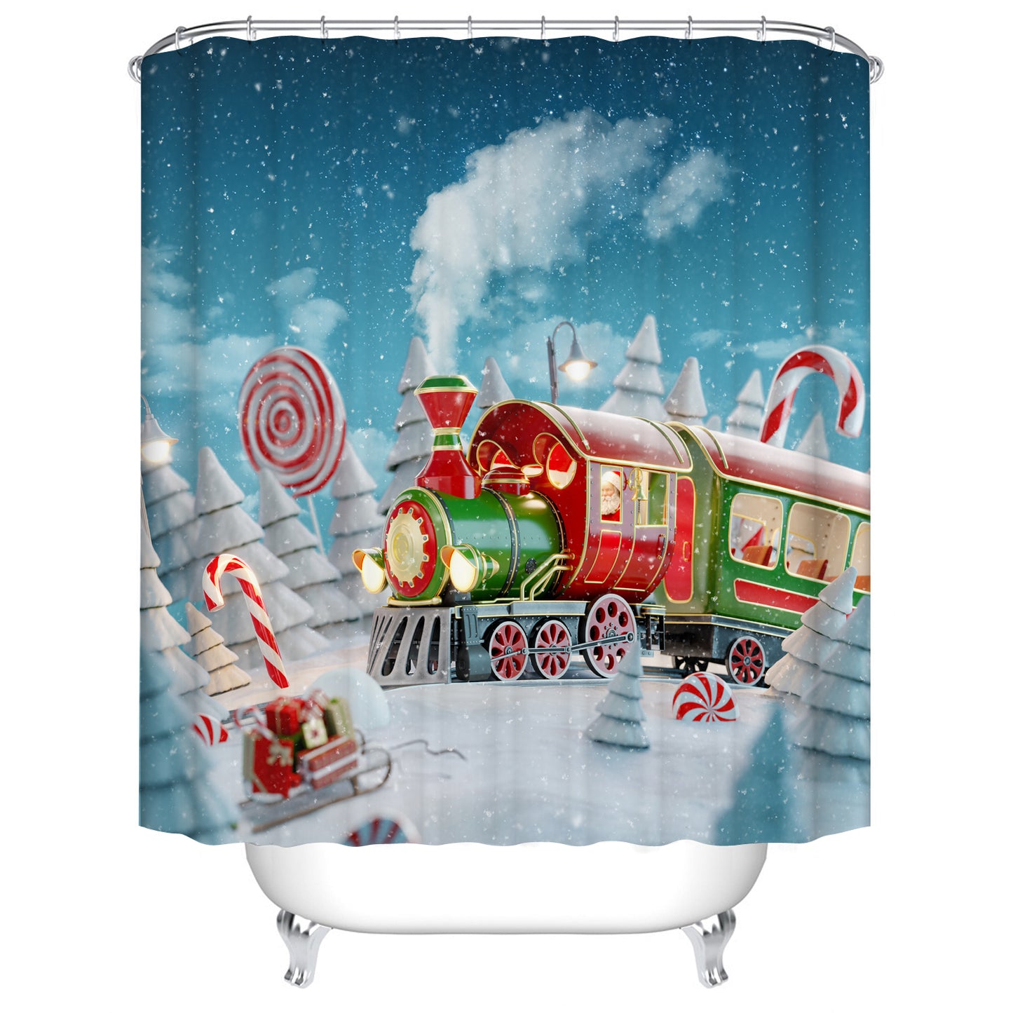 Santa with Green Train in Forest Shower Curtain