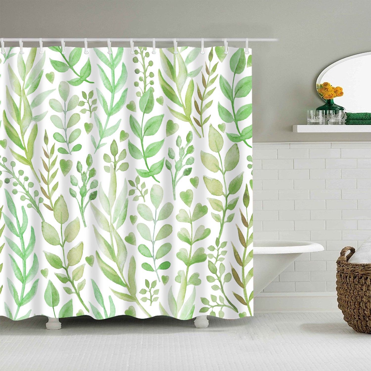Seamless Light Green Spring Leaf Pattern Shower Curtain
