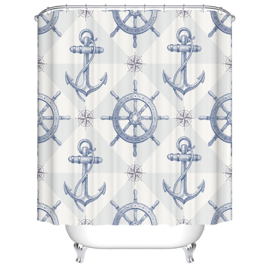 Seamless Navy Blue Anchor with Compass Wheel and Helm Marine Nautical Shower Curtain,